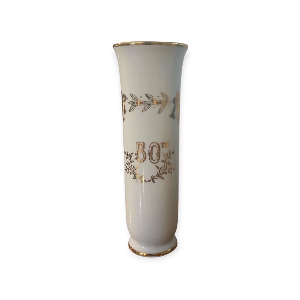 ⚕️Lefton White and Gold Vase with 50th Across The Front